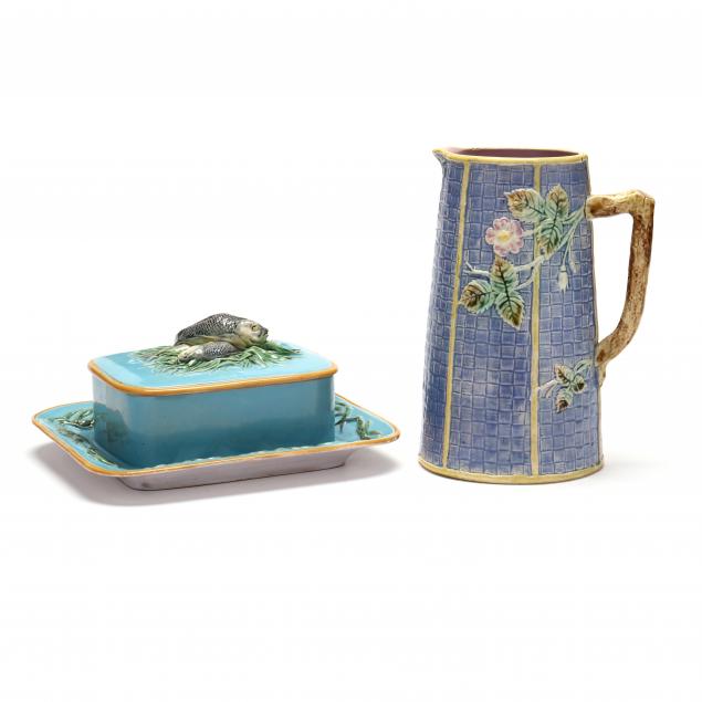 minton-majolica-lidded-sardine-box-and-pitcher