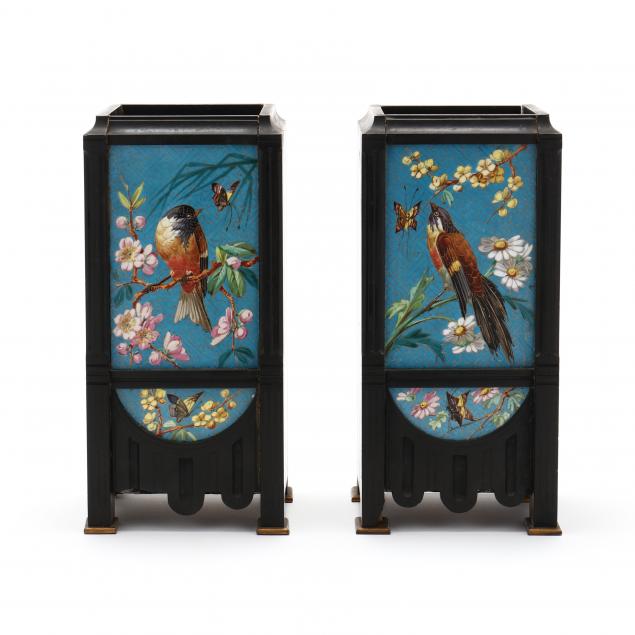 pair-of-aesthetic-movement-cloisonne-bird-and-slate-mantel-vases