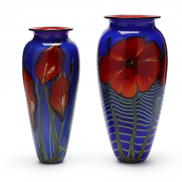 richard-satava-american-20th-century-two-tall-red-floral-glass-vases