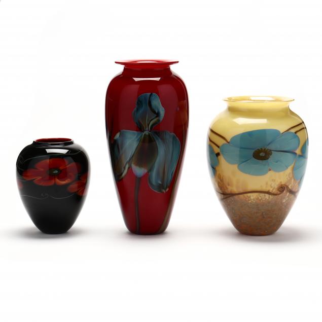 richard-satava-american-20th-century-three-floral-art-glass-vases