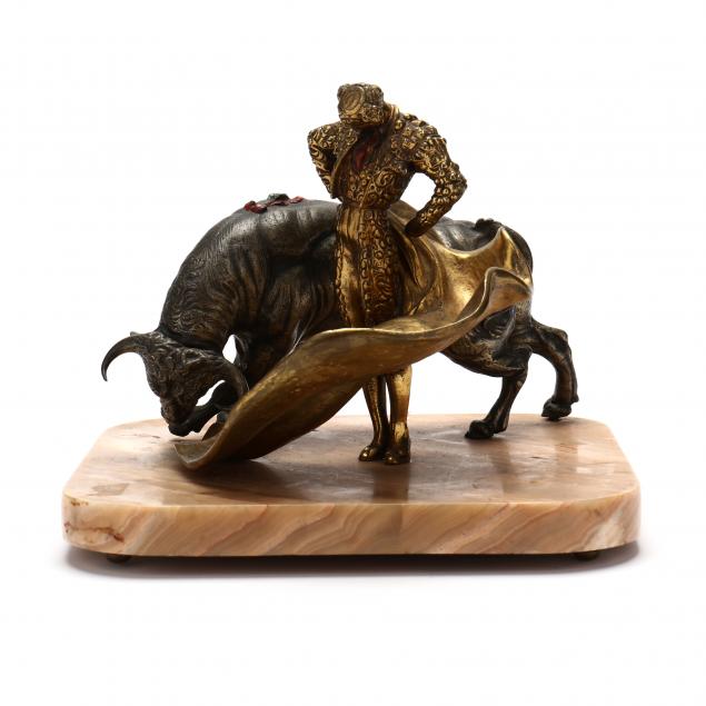 spanish-patinated-metal-sculpture-group-of-matador-and-bull