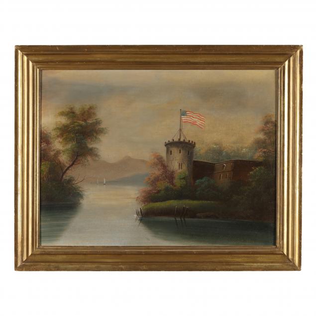 an-antique-painting-of-a-fort-flying-an-american-flag