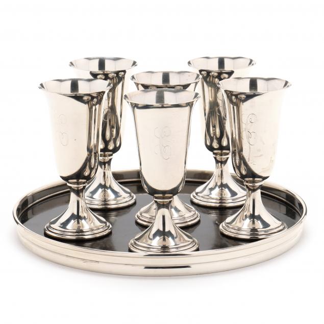 a-set-of-six-sterling-silver-cordials-and-serving-tray