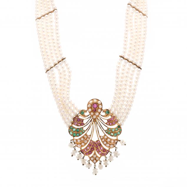 gold-multi-strand-pearl-and-gem-set-choker-necklace