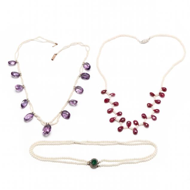 three-cultured-pearl-and-gem-set-necklaces