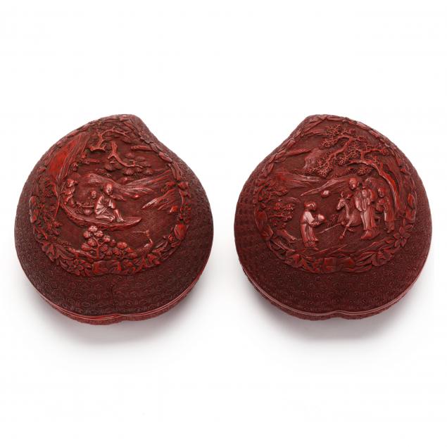 a-pair-of-chinese-carved-red-cinnabar-lacquer-peach-form-boxes-18th-or-19th-century