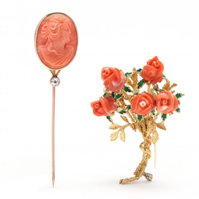 gold-coral-and-enamel-brooch-and-a-coral-stick-pin
