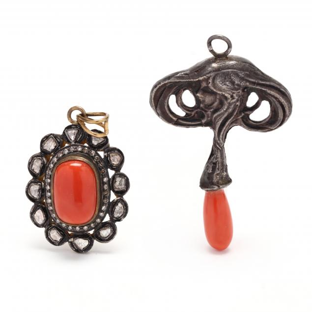 two-silver-and-coral-pendants