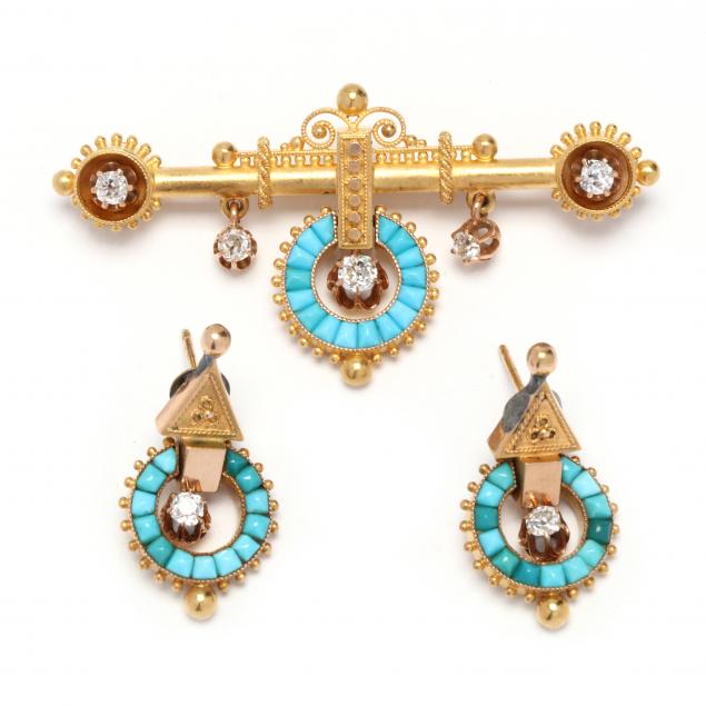 etruscan-revival-style-gold-turquoise-and-diamond-brooch-and-earrings