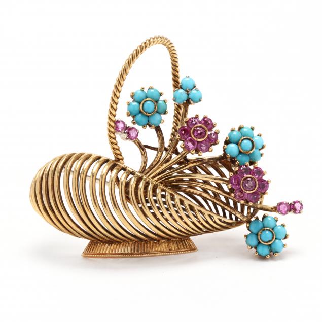retro-gold-turquoise-and-ruby-flower-basket-brooch-italy