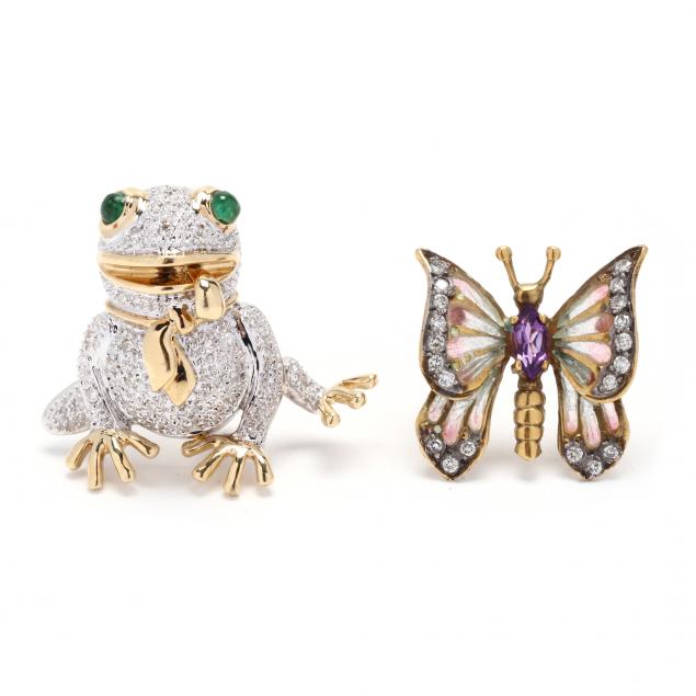 two-gold-and-diamond-figural-brooches