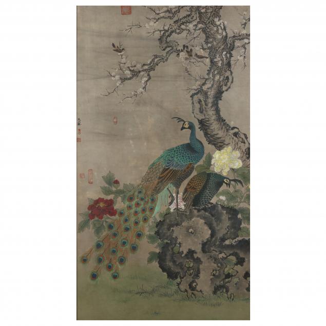 a-large-chinese-painting-of-a-pair-of-peacocks