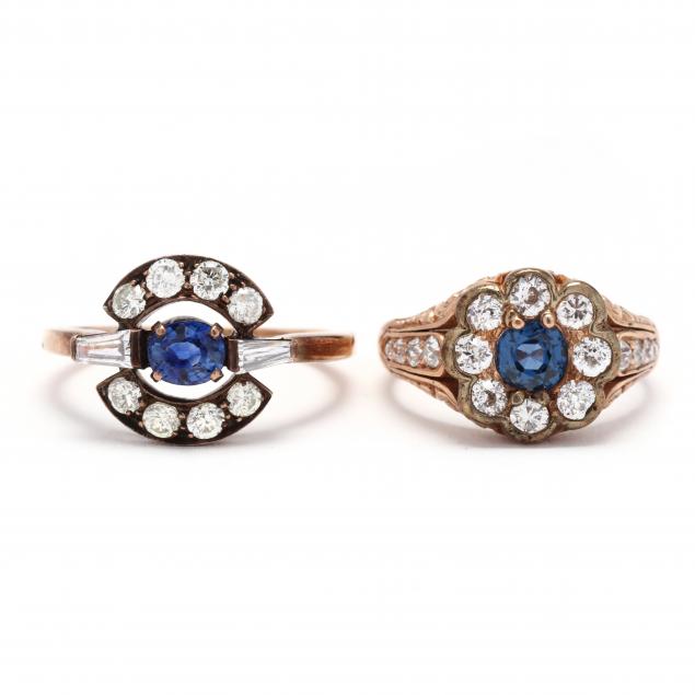 two-antique-rose-gold-sapphire-and-diamond-rings