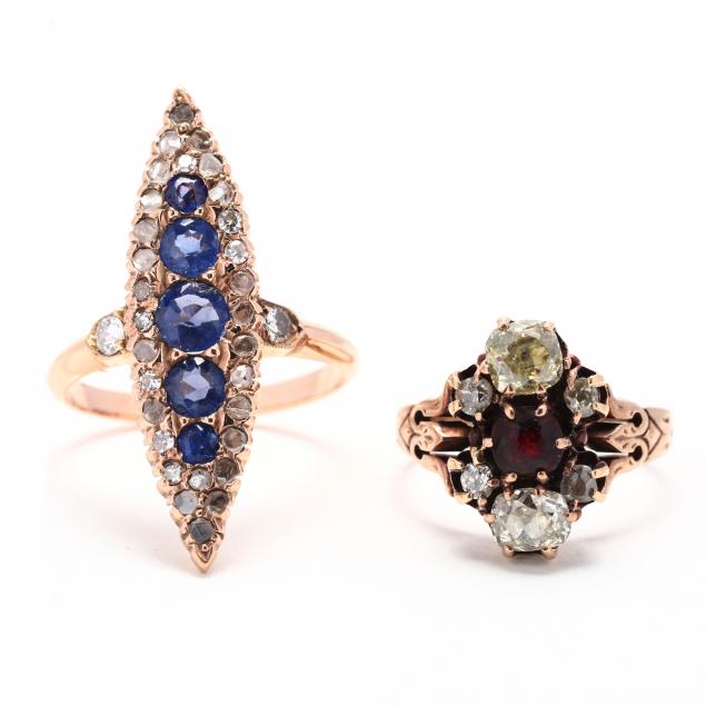 two-antique-rose-gold-and-gem-set-rings