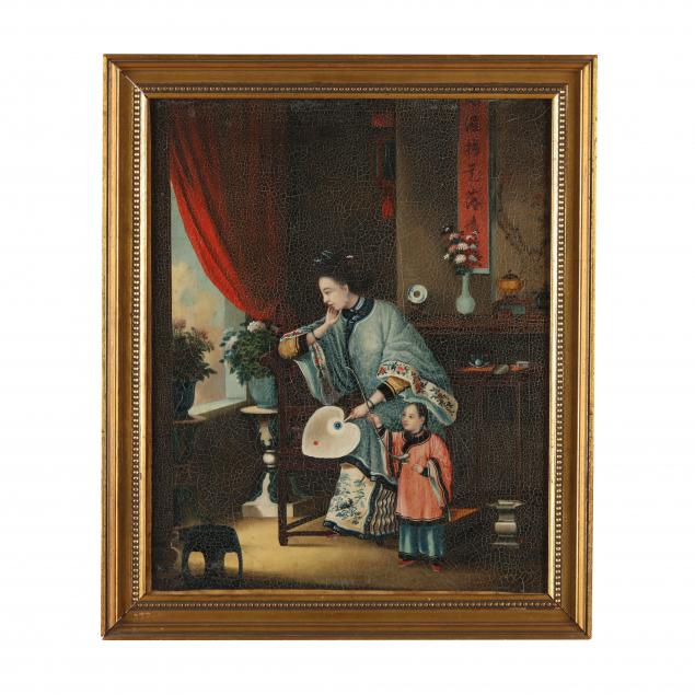 china-trade-painting-of-a-woman-and-her-attendant-in-an-interior