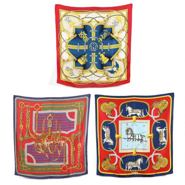 three-hermes-equestrian-related-silk-scarves