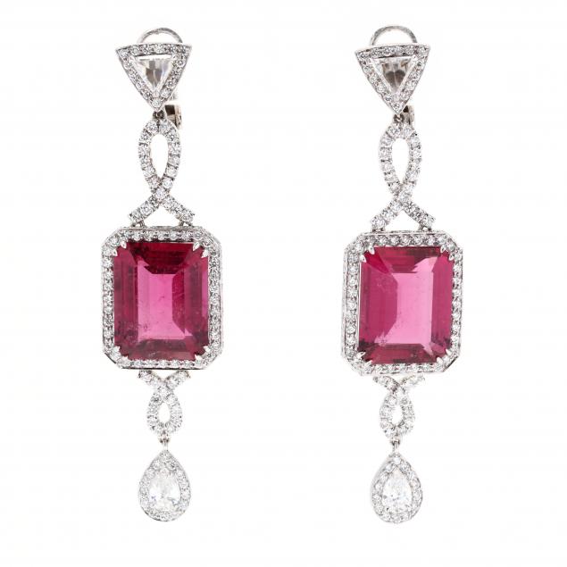 white-gold-pink-tourmaline-and-diamond-pendant-earrings