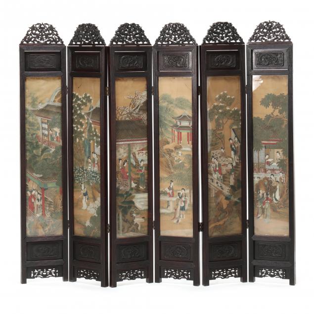 a-chinese-six-panel-carved-hardwood-screen-with-paintings-on-silk