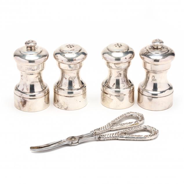 two-pairs-sterling-silver-salt-and-pepper-shakers-and-pair-of-grape-shearers