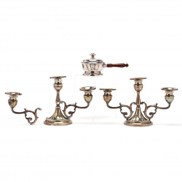 a-pair-of-sterling-silver-candelabra-and-a-silver-plated-brandy-warmer