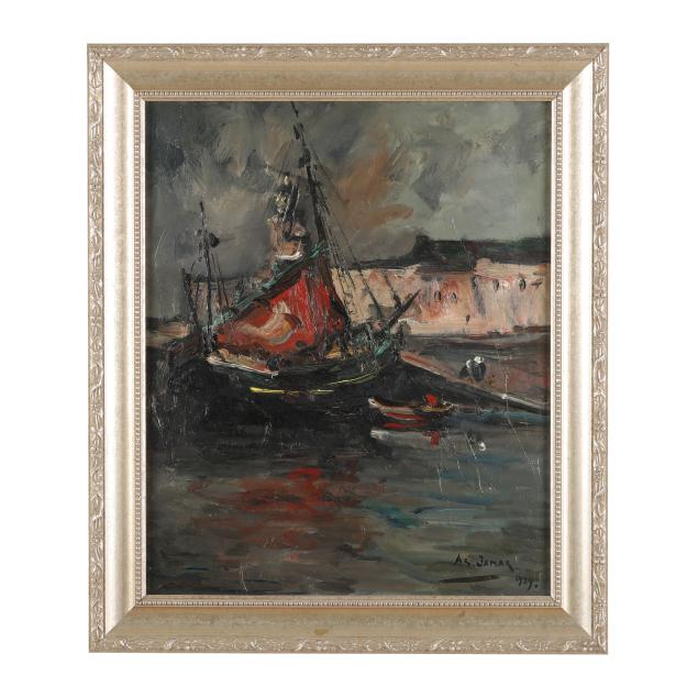 armand-gustave-jamar-belgian-1870-1946-harbor-scene-with-sailboat