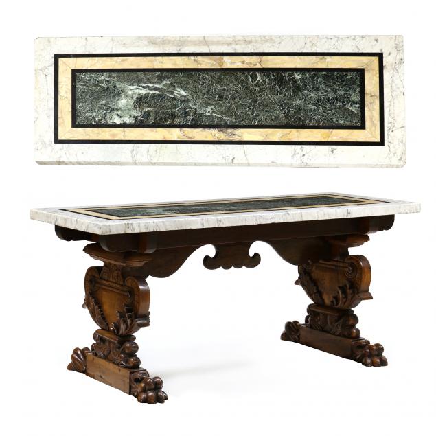 continental-renaissance-style-carved-walnut-marble-top-library-table