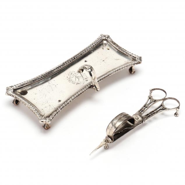 a-george-iii-english-silver-candle-snuffer-tray-and-pair-of-wick-trimmers