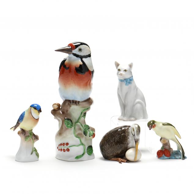 four-herend-natural-bird-figurines-and-a-cat