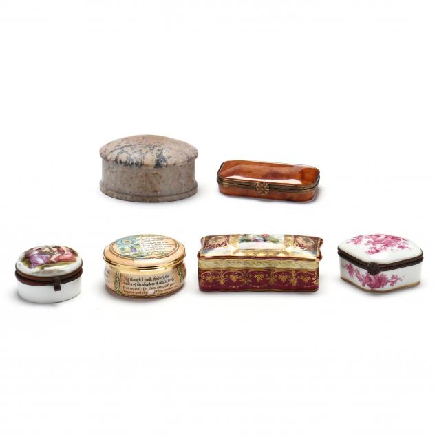 a-collection-of-six-assorted-pill-boxes-including-limoges-and-halcyon