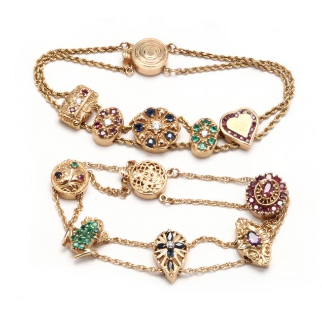 two-gold-and-gem-set-slide-charm-bracelets