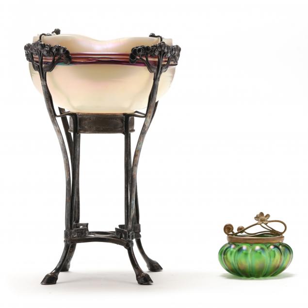 two-att-loetz-art-nouveau-style-mounted-glass-vases