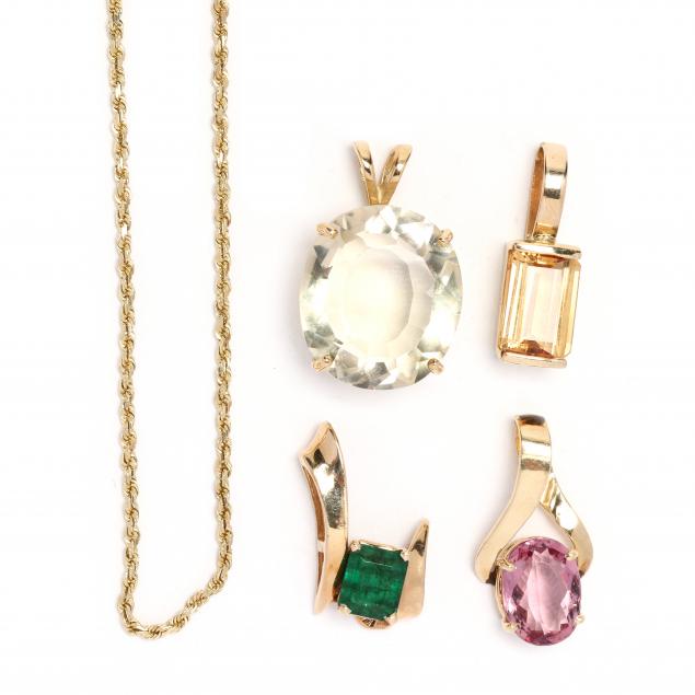 four-gold-and-gem-set-pendants-and-gold-chain-necklace