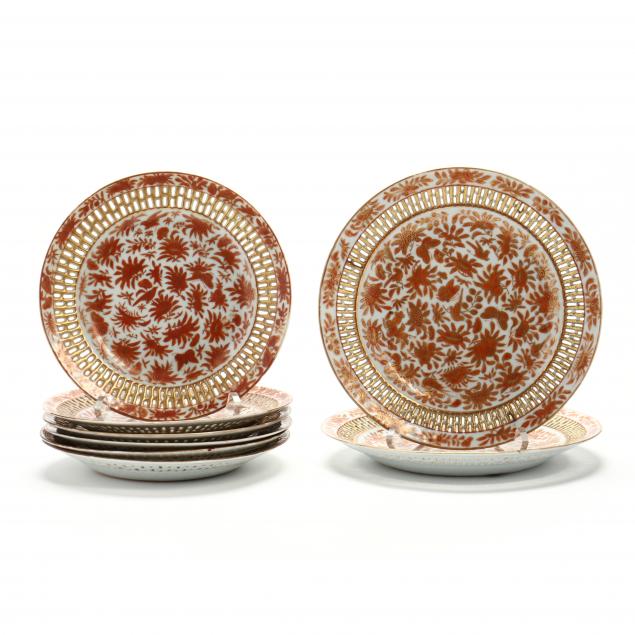 eight-chinese-export-iron-red-and-gilt-porcelain-reticulated-plates