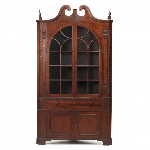 important-north-carolina-swisegood-federal-inlaid-walnut-corner-cupboard