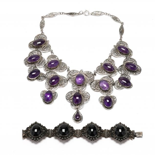 silver-and-amethyst-necklace-and-a-silver-and-onyx-bracelet