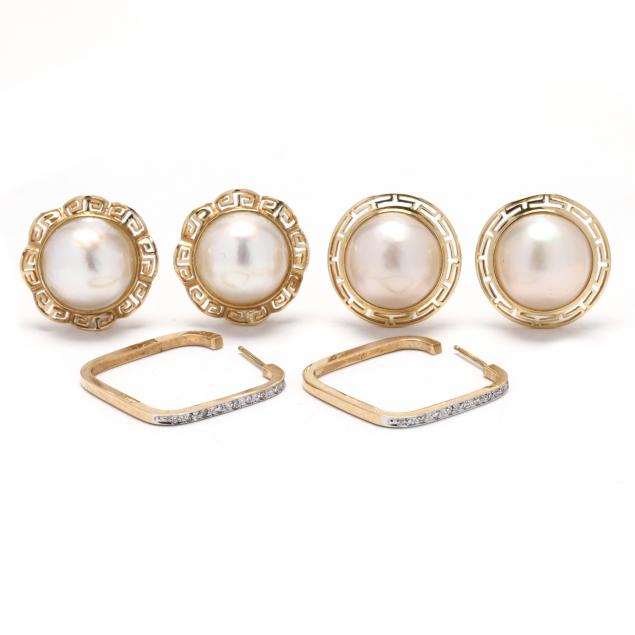 two-pairs-gold-and-mabe-pearl-earrings-and-a-pair-of-gold-and-diamond-hoops