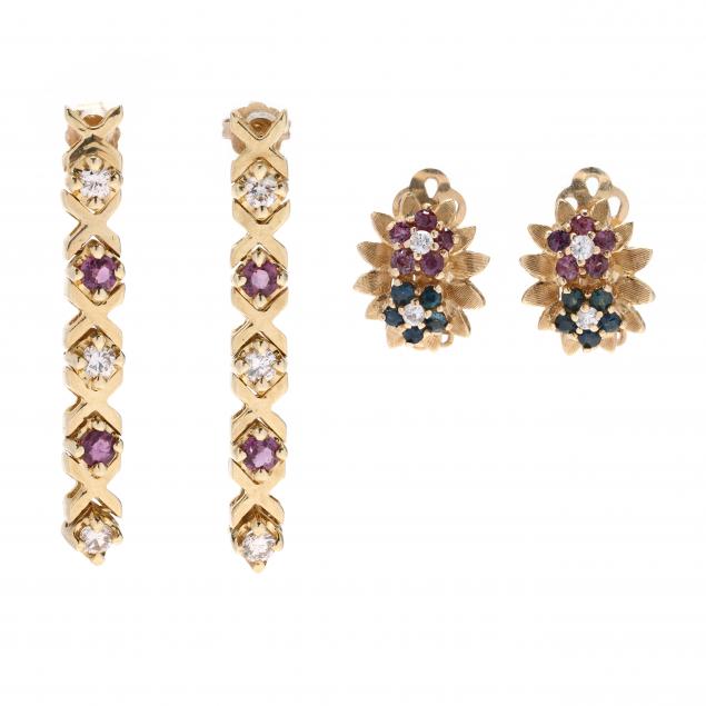 two-pairs-of-gold-and-gem-set-earrings