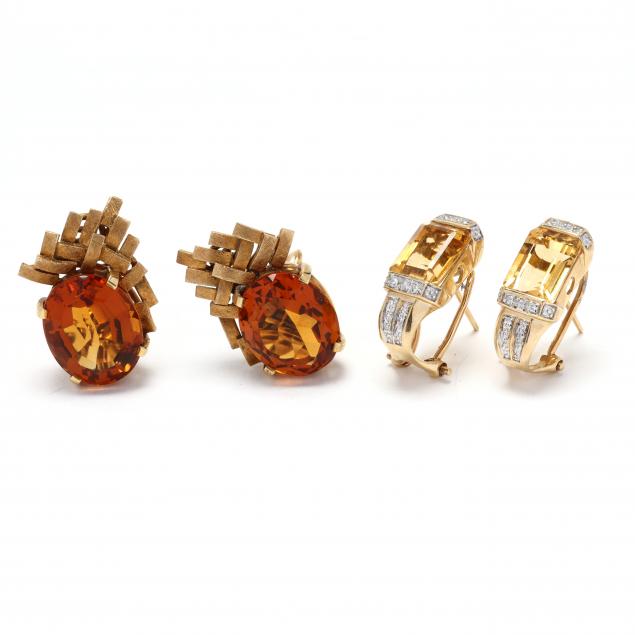 two-pairs-of-gold-and-gem-set-earrings