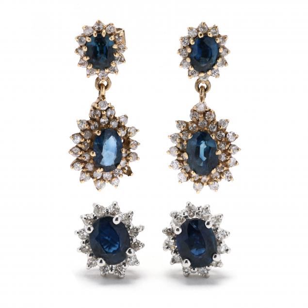 two-pairs-of-gold-sapphire-and-diamond-earrings