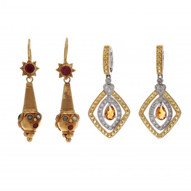 two-pairs-of-gold-and-gem-set-dangle-earrings