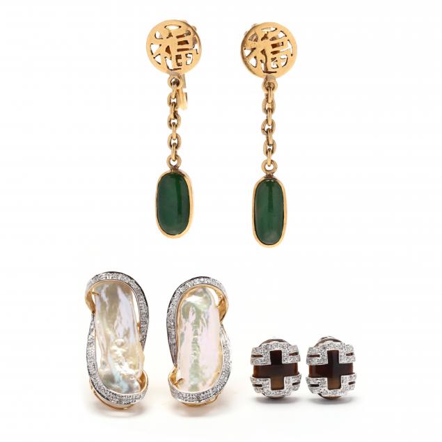 three-pairs-of-gold-and-gem-set-earrings