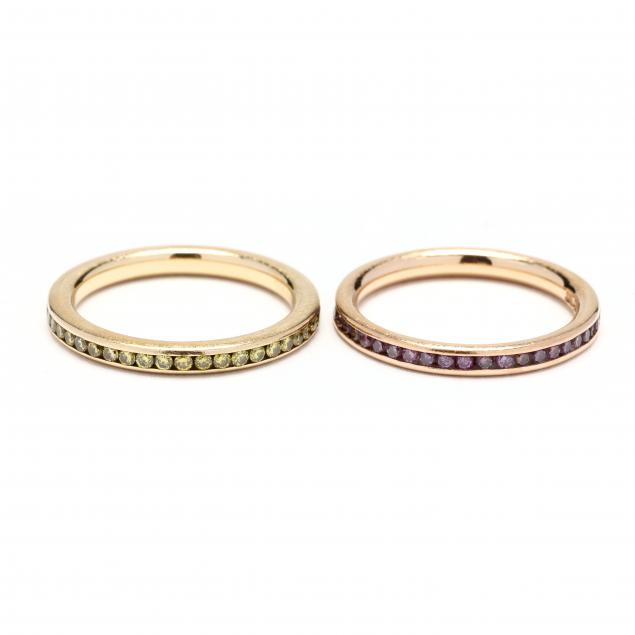 two-gold-and-fancy-color-diamond-eternity-bands-etienne-perret