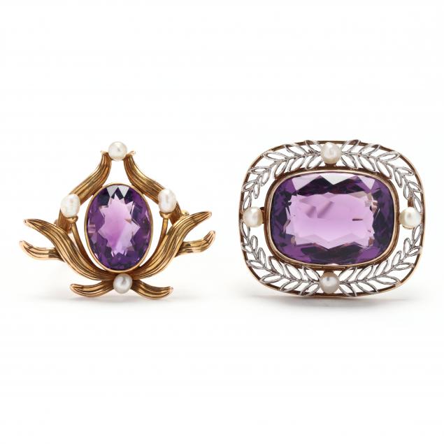 two-gold-and-amethyst-brooches