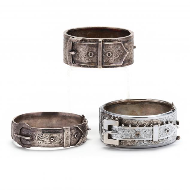 three-antique-silver-buckle-motif-bracelets