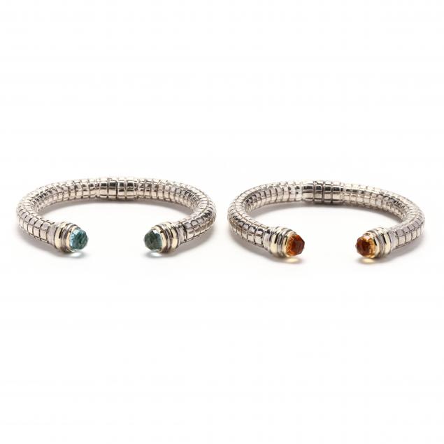 two-silver-gold-and-gem-set-cuff-bracelets-charles-krypell