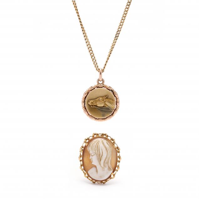 a-gold-locket-necklace-and-a-cameo-pendant-brooch