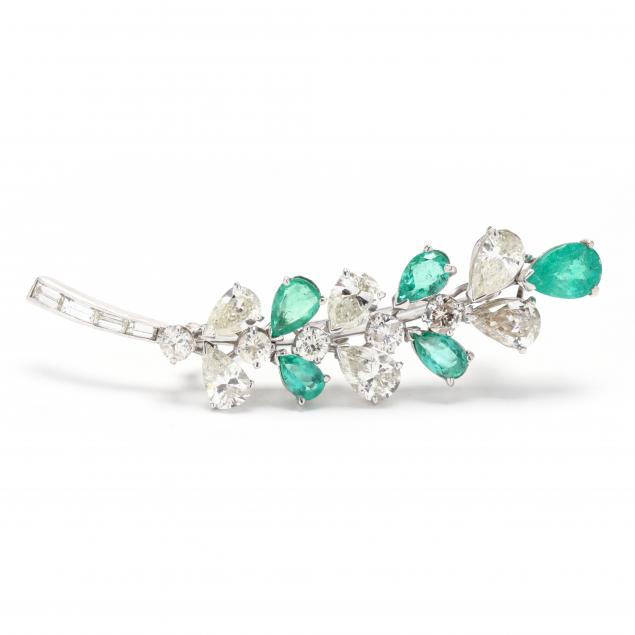platinum-diamond-and-emerald-leaf-motif-brooch