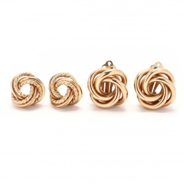 two-pairs-gold-knot-motif-earrings