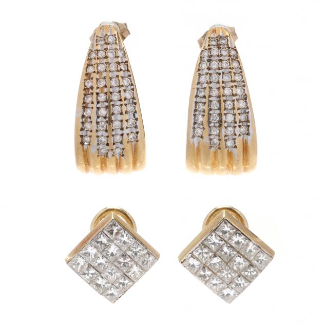 two-pairs-of-gold-and-diamond-set-earrings