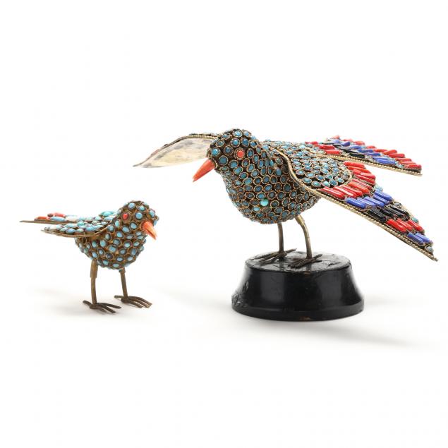 two-vintage-enamel-and-glass-encrusted-brass-birds